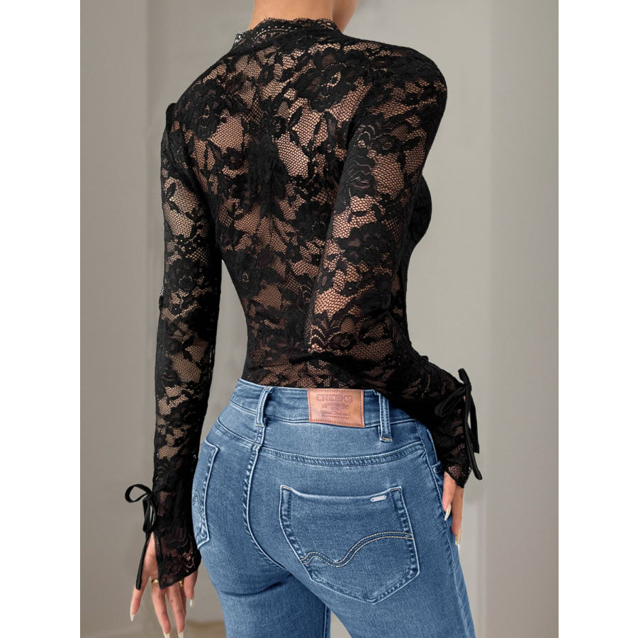 Perfee Lace V-Neck Long Sleeve Bodysuit Black / S Apparel and Accessories