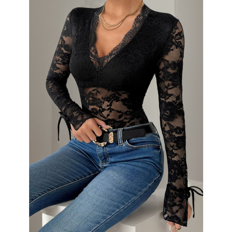 Perfee Lace V-Neck Long Sleeve Bodysuit Apparel and Accessories