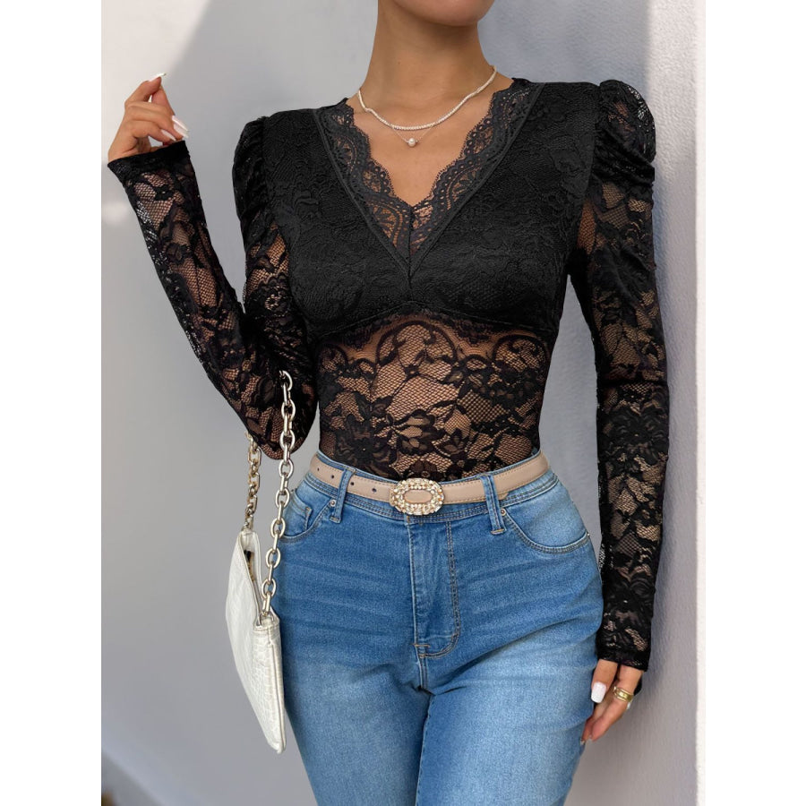 Perfee Lace V-Neck Long Sleeve Bodysuit Apparel and Accessories