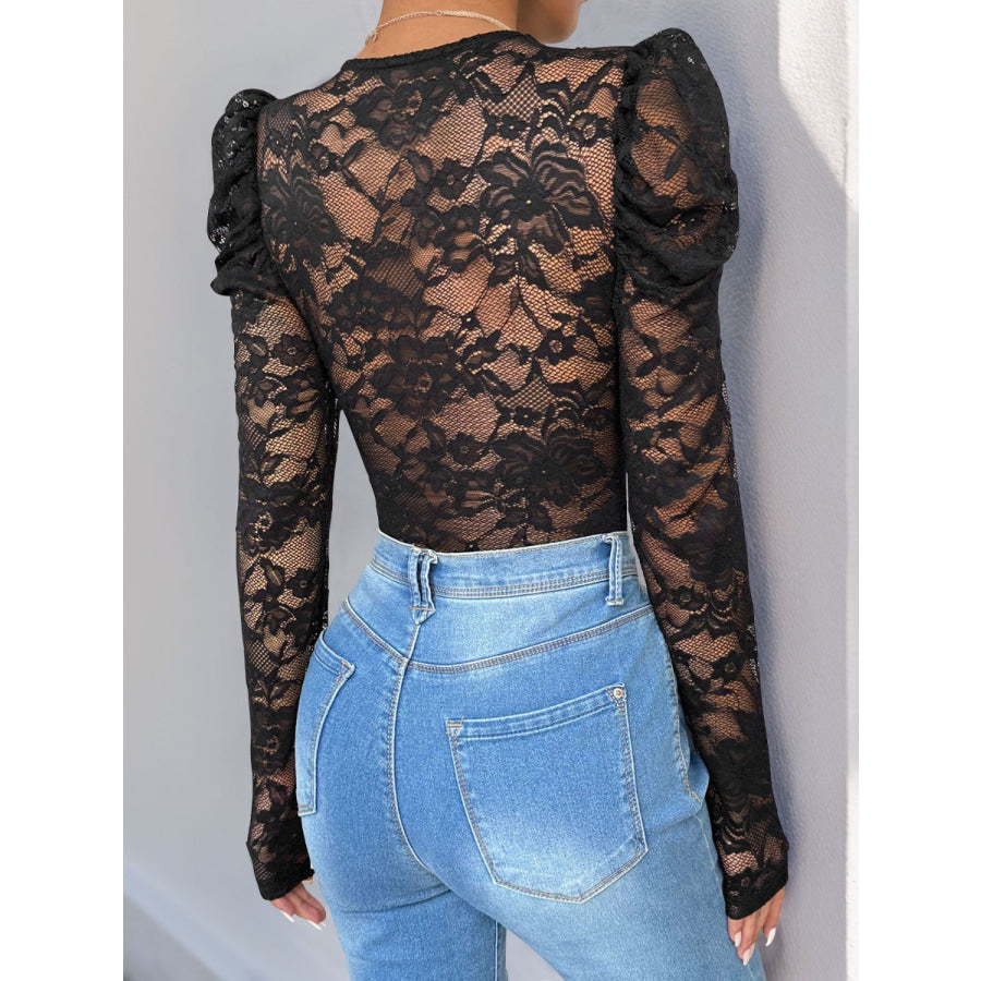 Perfee Lace V-Neck Long Sleeve Bodysuit Apparel and Accessories