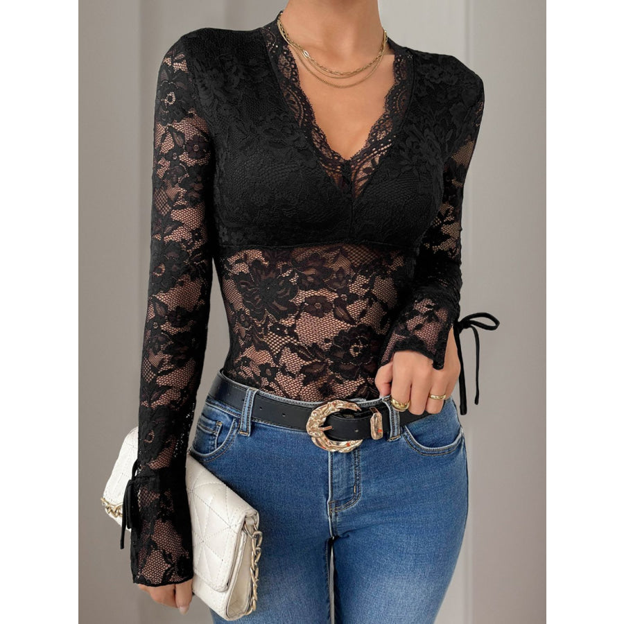 Perfee Lace V-Neck Long Sleeve Bodysuit Black / S Apparel and Accessories