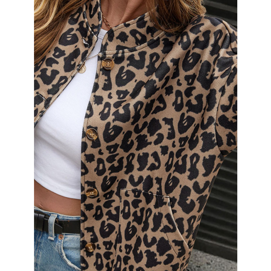 Perfee Leopard Button Up Long Sleeve Jacket Apparel and Accessories