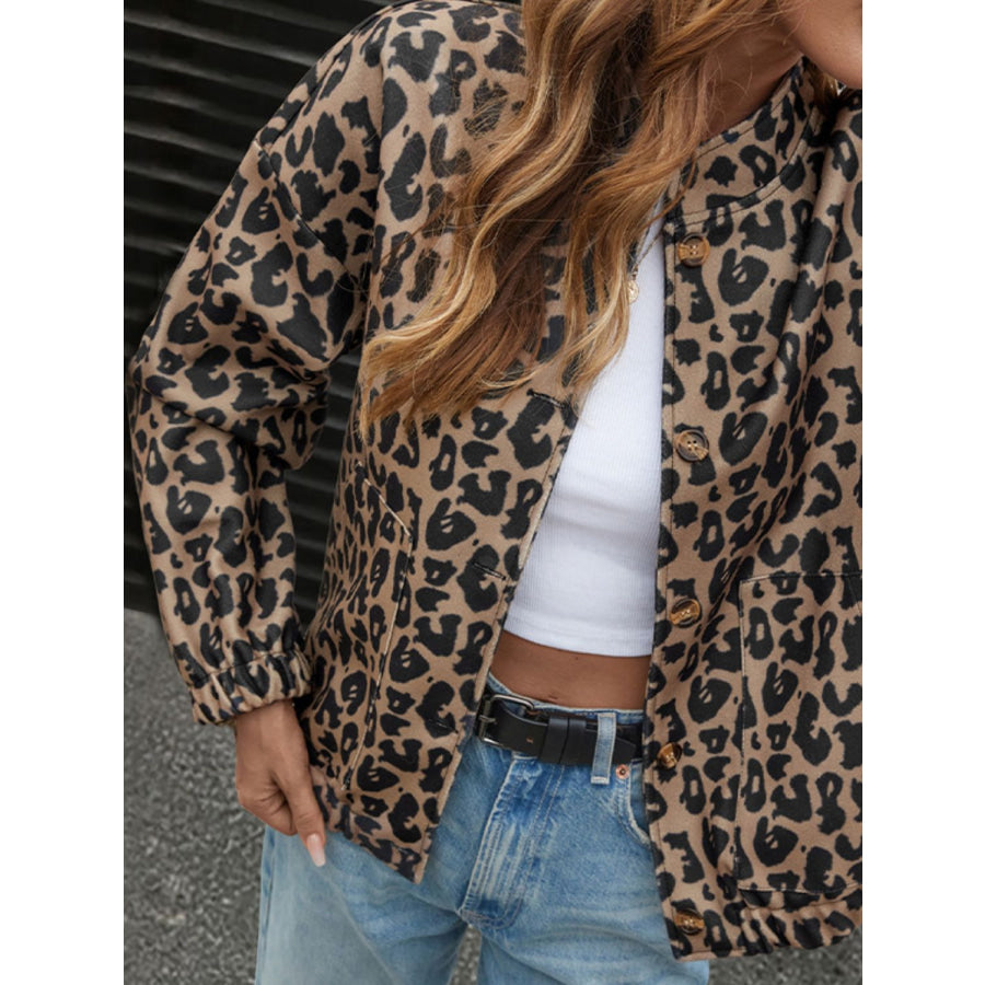 Perfee Leopard Button Up Long Sleeve Jacket Apparel and Accessories