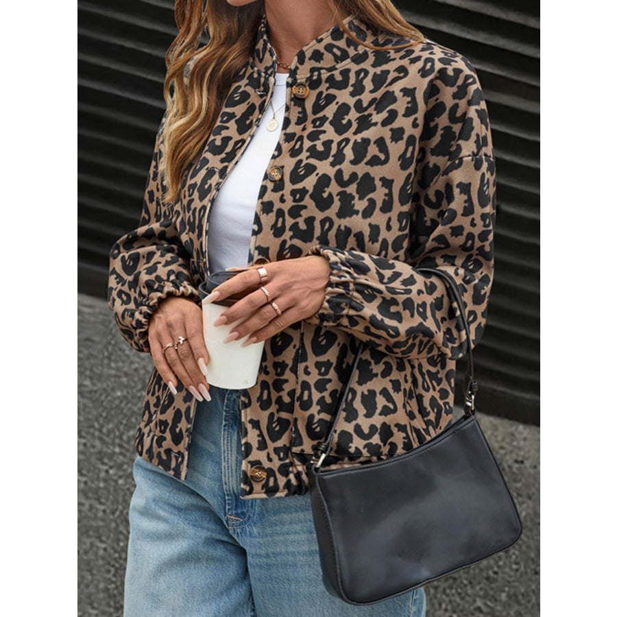 Perfee Leopard Button Up Long Sleeve Jacket Leopard / S Apparel and Accessories