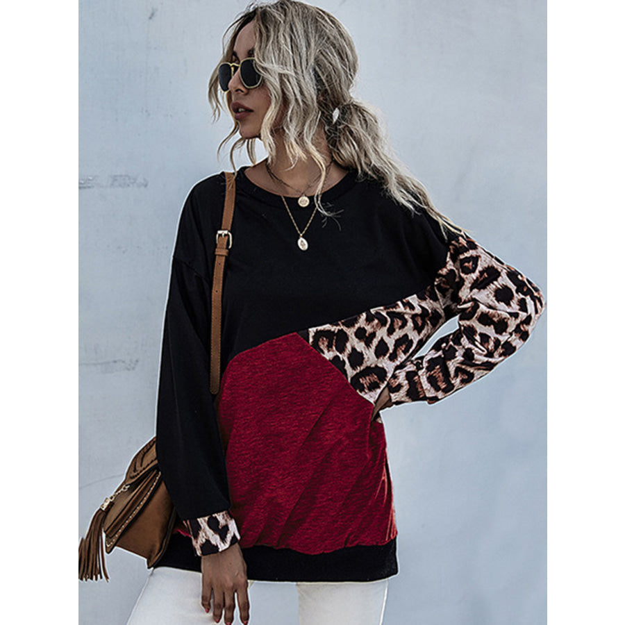 Perfee Leopard Contrast Long Sleeve Sweatshirt Apparel and Accessories