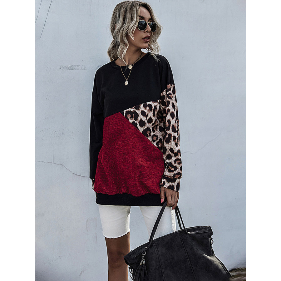 Perfee Leopard Contrast Long Sleeve Sweatshirt Apparel and Accessories