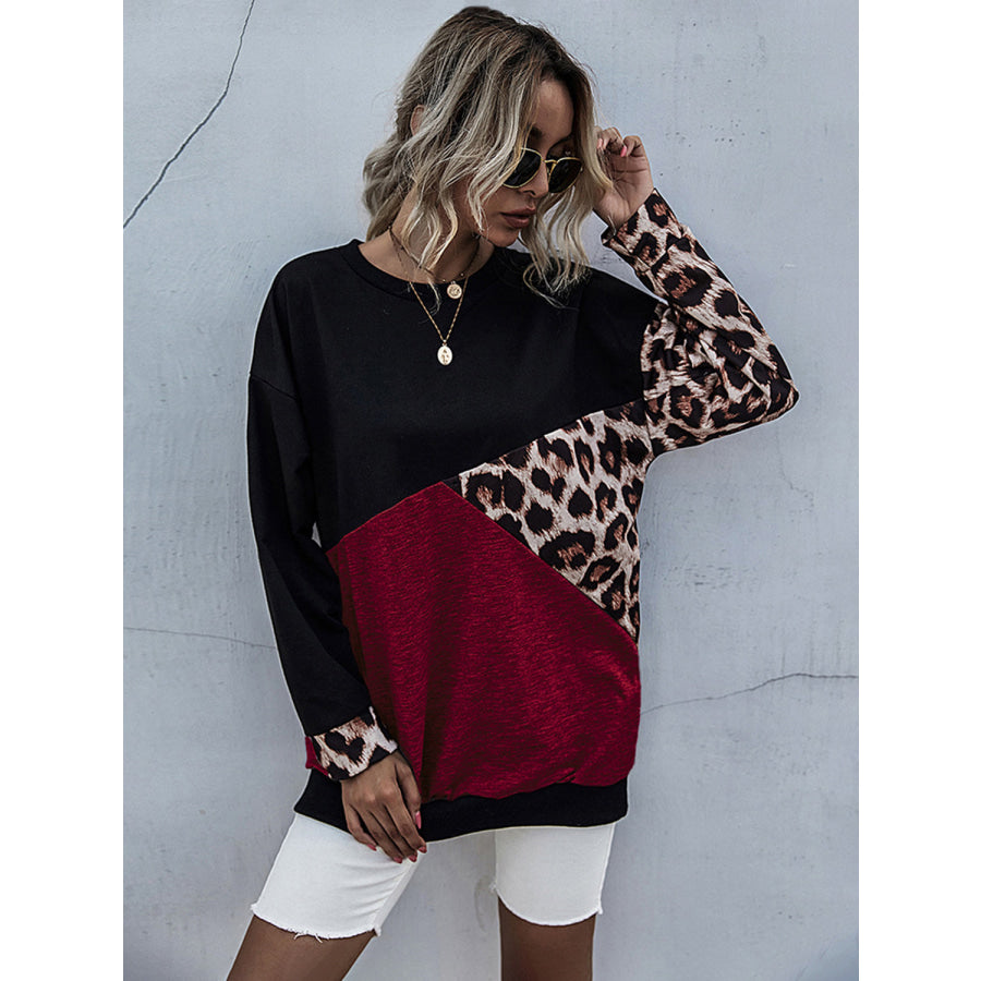 Perfee Leopard Contrast Long Sleeve Sweatshirt Burgundy / S Apparel and Accessories