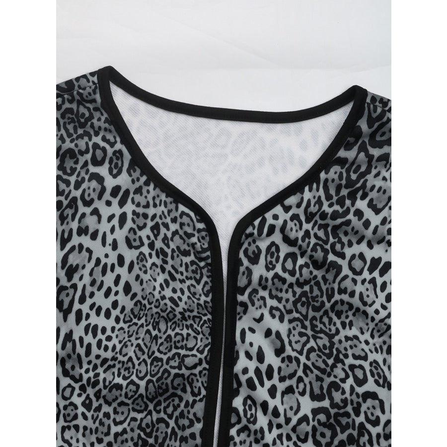 Perfee Leopard Open Front Long Sleeve Jacket Apparel and Accessories