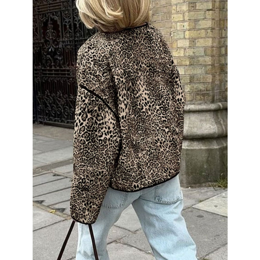 Perfee Leopard Open Front Long Sleeve Jacket Apparel and Accessories