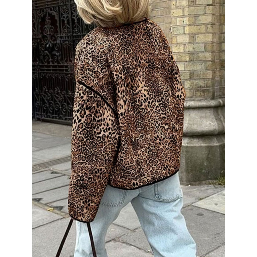 Perfee Leopard Open Front Long Sleeve Jacket Apparel and Accessories