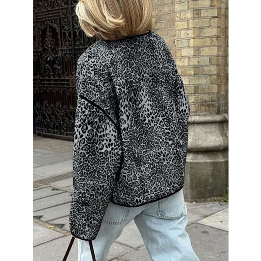 Perfee Leopard Open Front Long Sleeve Jacket Apparel and Accessories