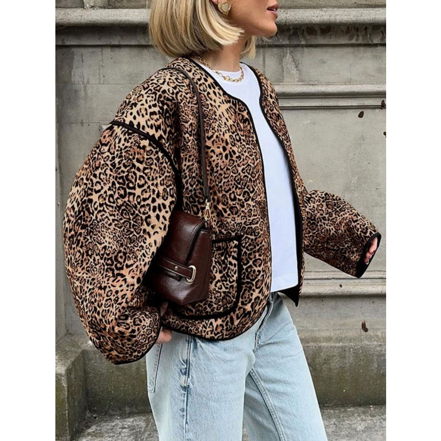 Perfee Leopard Open Front Long Sleeve Jacket Leopard / S Apparel and Accessories