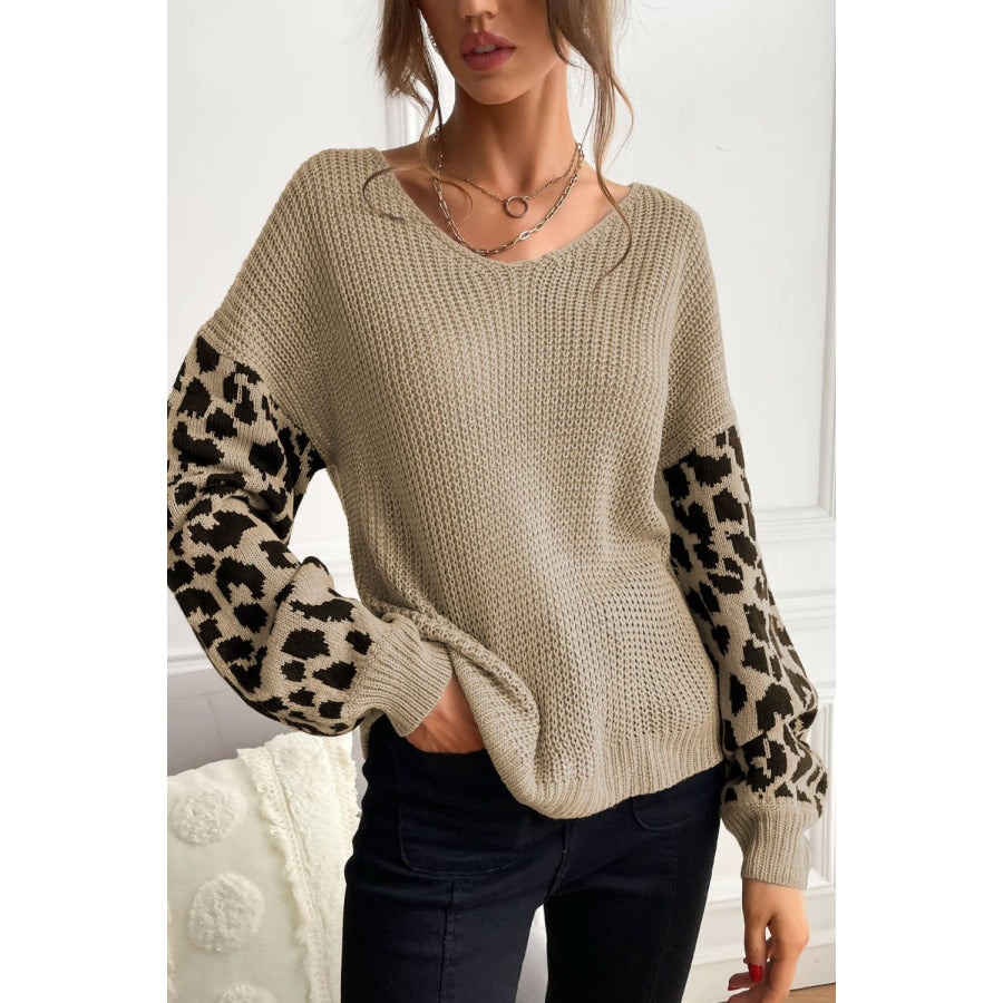 Perfee Leopard Sleeve Dropped Shoulder Sweater Apparel and Accessories