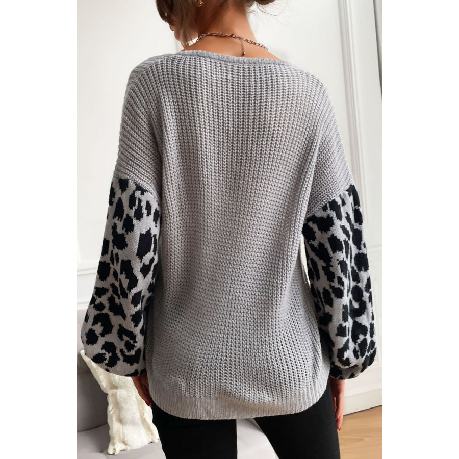 Perfee Leopard Sleeve Dropped Shoulder Sweater Apparel and Accessories