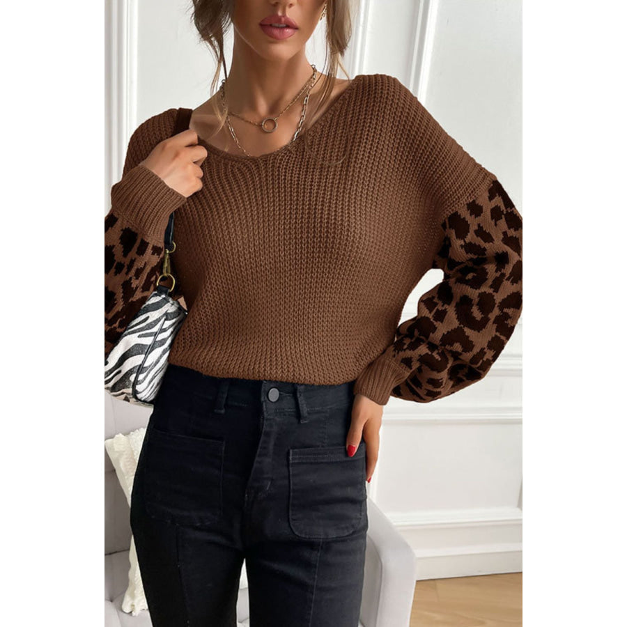 Perfee Leopard Sleeve Dropped Shoulder Sweater Apparel and Accessories