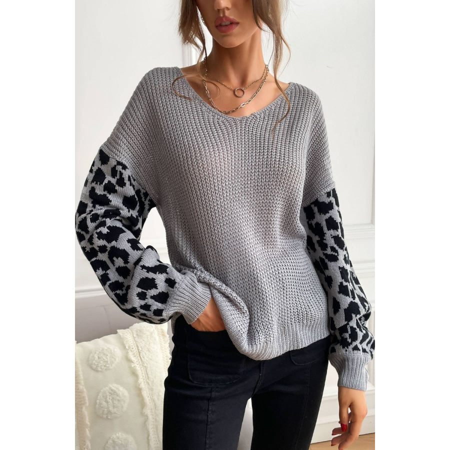 Perfee Leopard Sleeve Dropped Shoulder Sweater Apparel and Accessories