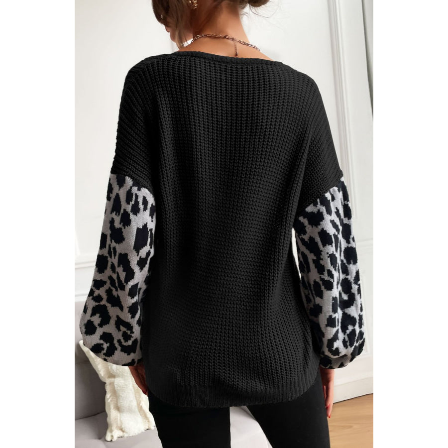 Perfee Leopard Sleeve Dropped Shoulder Sweater Apparel and Accessories