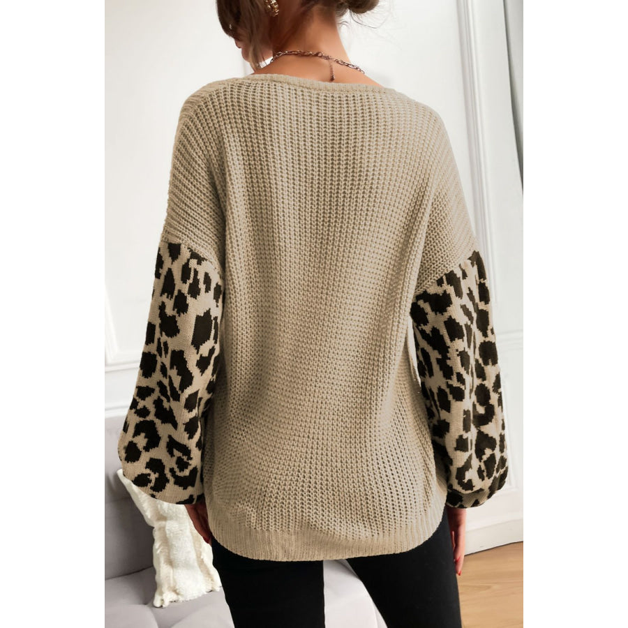 Perfee Leopard Sleeve Dropped Shoulder Sweater Apparel and Accessories