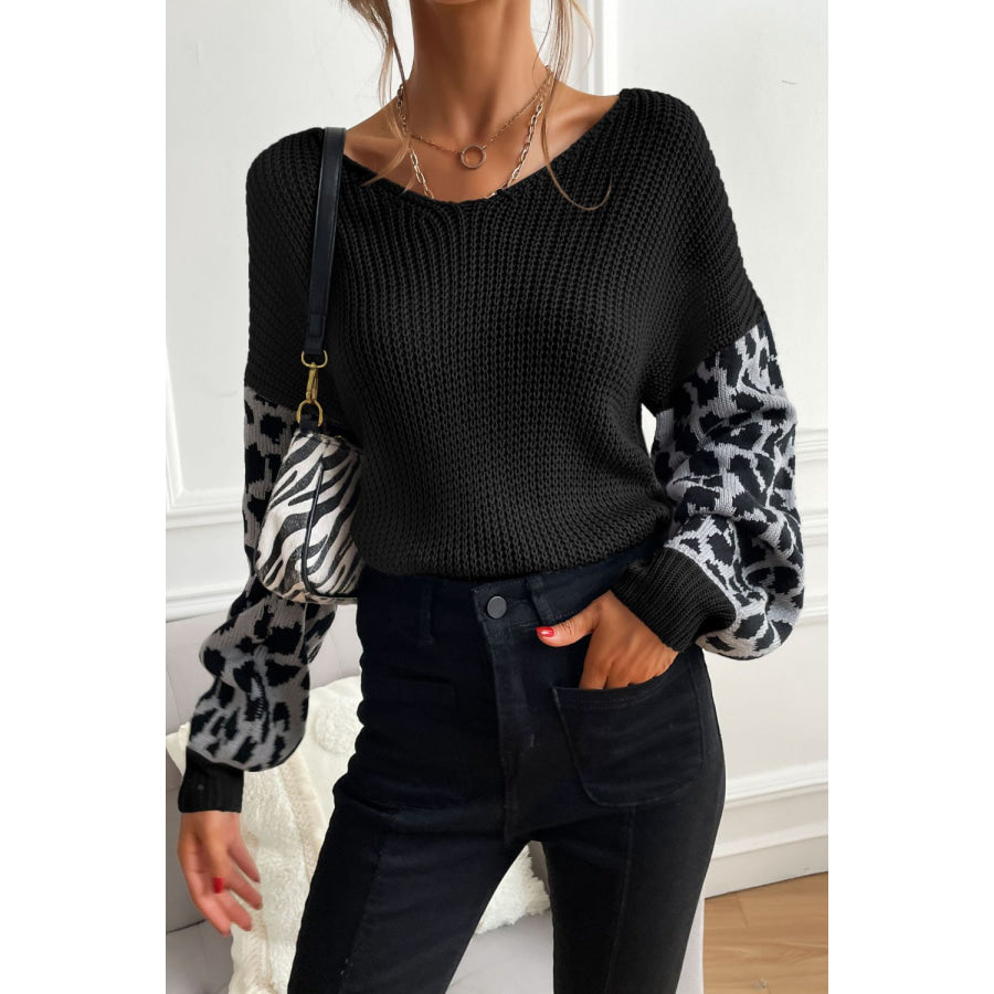 Perfee Leopard Sleeve Dropped Shoulder Sweater Apparel and Accessories