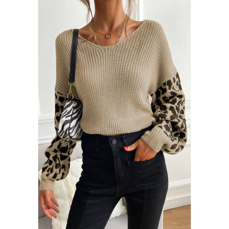 Perfee Leopard Sleeve Dropped Shoulder Sweater Apparel and Accessories