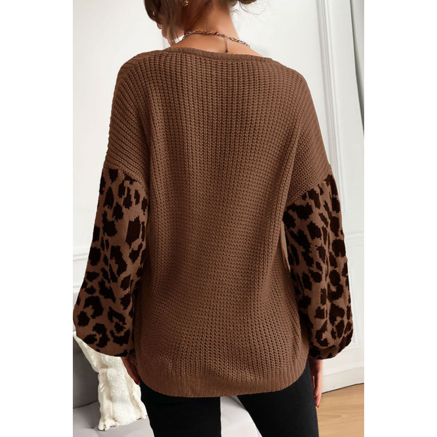 Perfee Leopard Sleeve Dropped Shoulder Sweater Apparel and Accessories