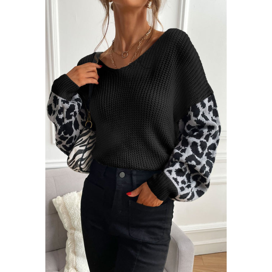 Perfee Leopard Sleeve Dropped Shoulder Sweater Black / S Apparel and Accessories