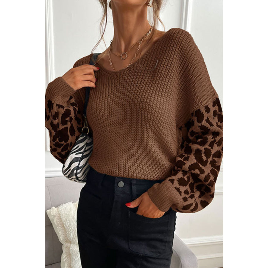 Perfee Leopard Sleeve Dropped Shoulder Sweater Coffee Brown / S Apparel and Accessories