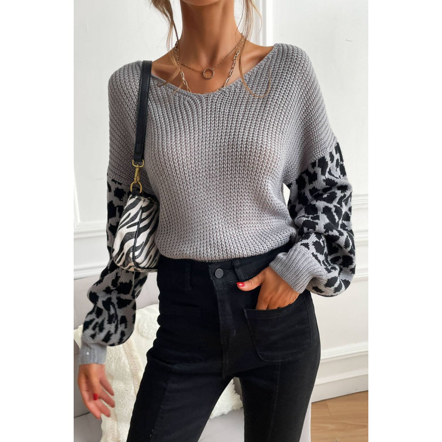 Perfee Leopard Sleeve Dropped Shoulder Sweater Gray / S Apparel and Accessories