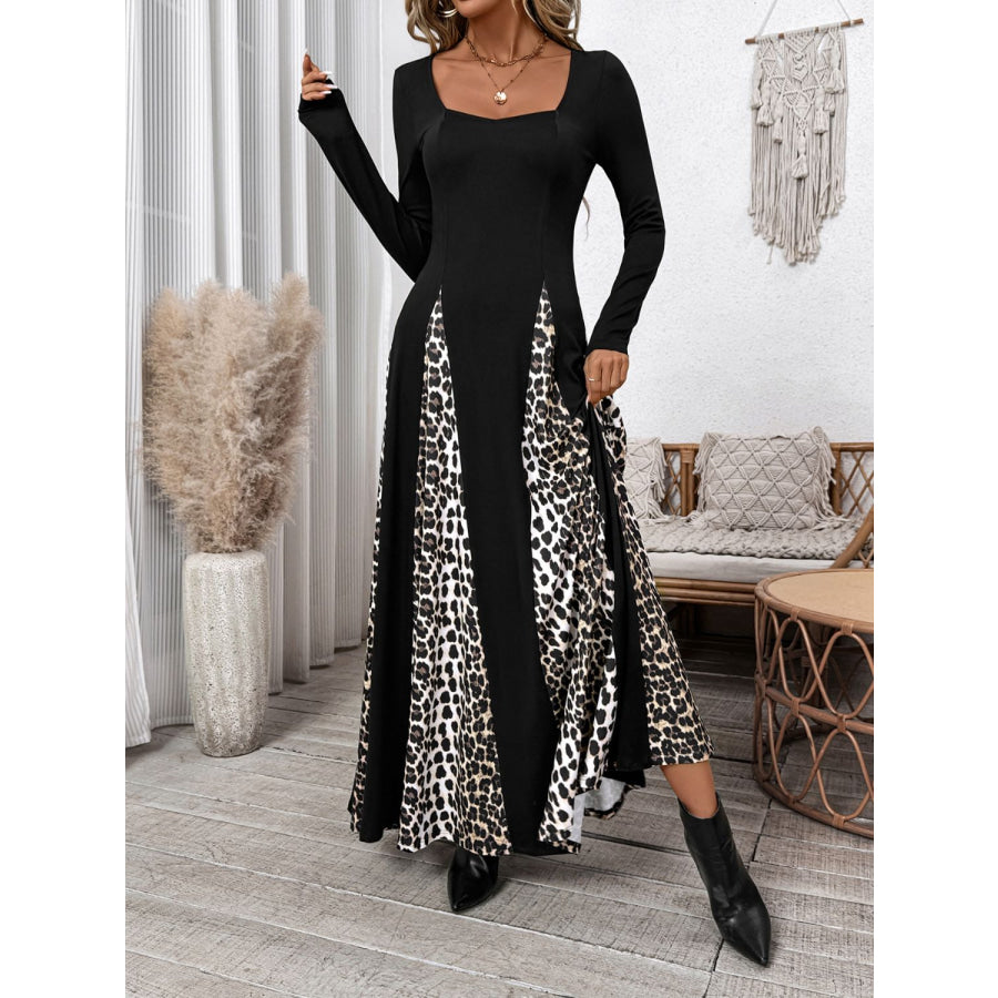 Perfee Leopard Square Neck Long Sleeve Maxi Dress Apparel and Accessories