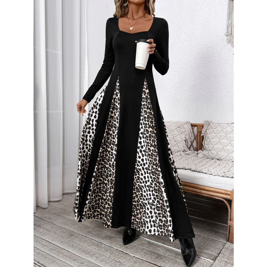 Perfee Leopard Square Neck Long Sleeve Maxi Dress Apparel and Accessories