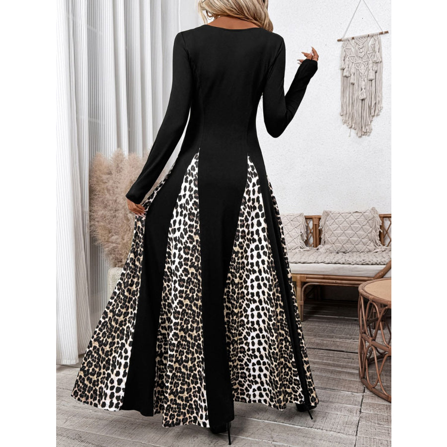 Perfee Leopard Square Neck Long Sleeve Maxi Dress Black / S Apparel and Accessories