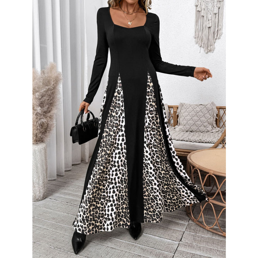 Perfee Leopard Square Neck Long Sleeve Maxi Dress Apparel and Accessories