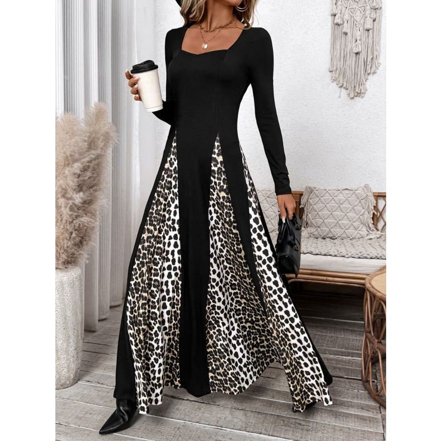 Perfee Leopard Square Neck Long Sleeve Maxi Dress Black / S Apparel and Accessories