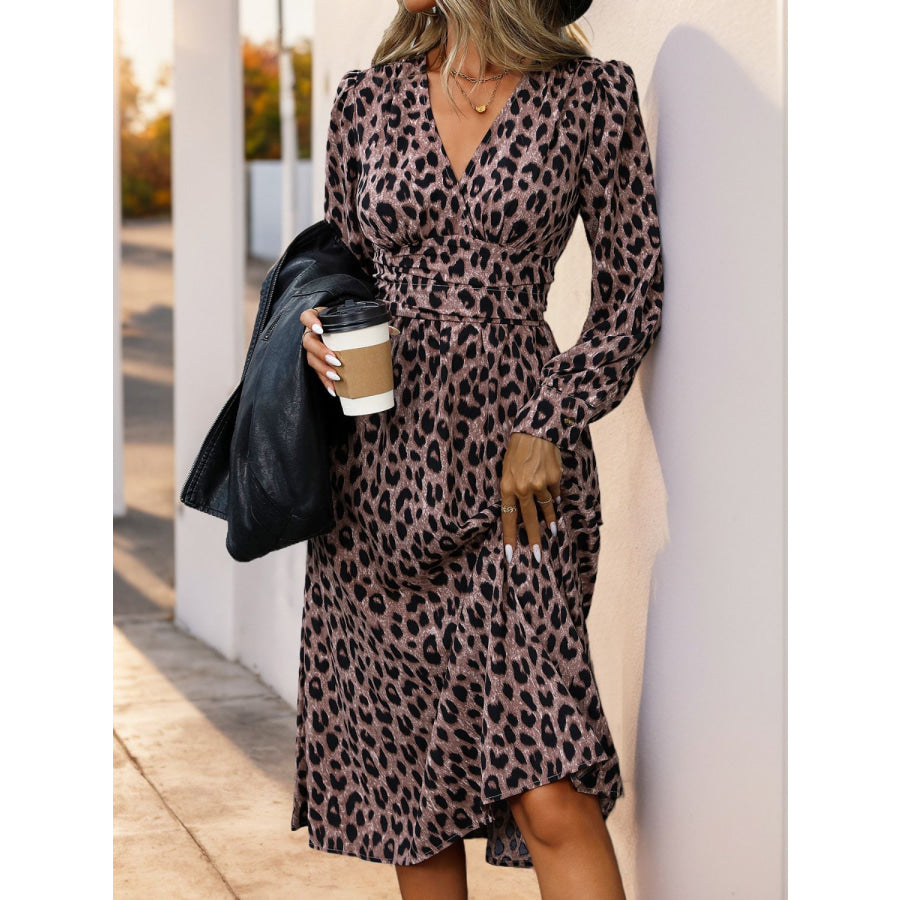 Perfee Leopard Surplice Long Sleeve Midi Dress Apparel and Accessories