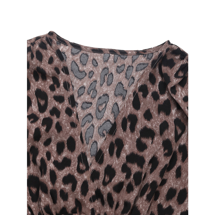 Perfee Leopard Surplice Long Sleeve Midi Dress Apparel and Accessories