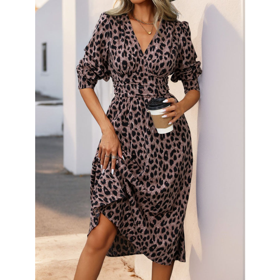 Perfee Leopard Surplice Long Sleeve Midi Dress Apparel and Accessories