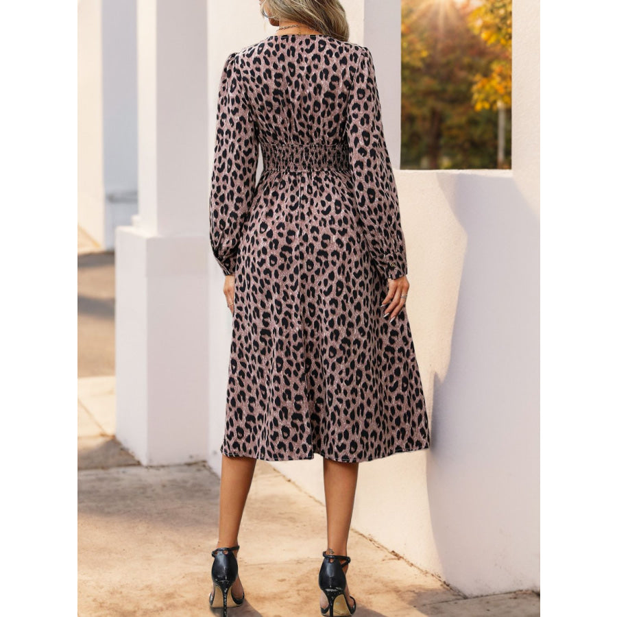 Perfee Leopard Surplice Long Sleeve Midi Dress Apparel and Accessories