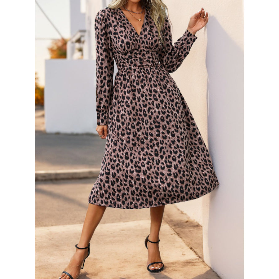 Perfee Leopard Surplice Long Sleeve Midi Dress Apparel and Accessories