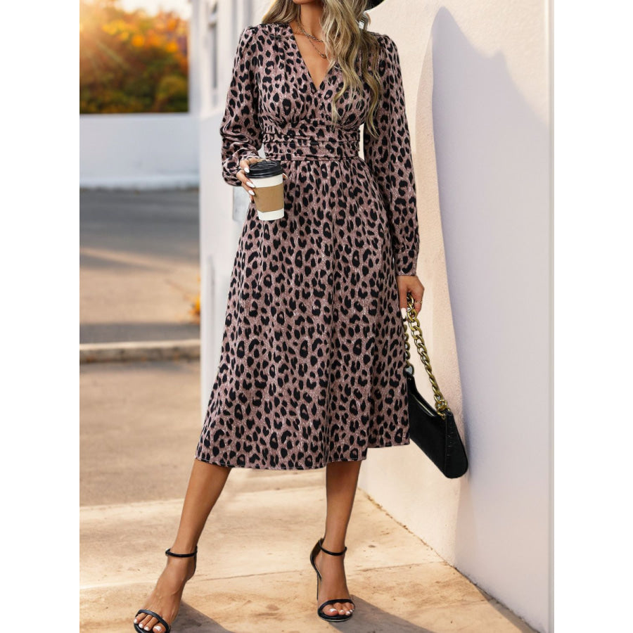 Perfee Leopard Surplice Long Sleeve Midi Dress Mauve / S Apparel and Accessories