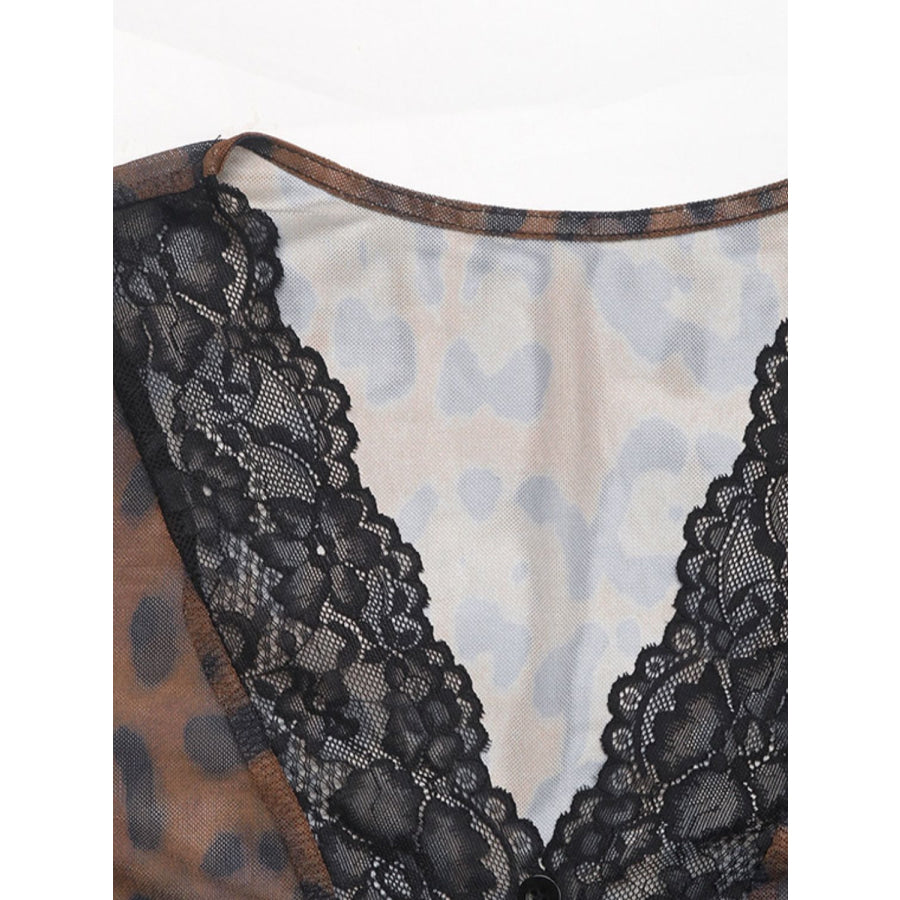 Perfee Leopard V-Neck Lace Bodysuit Apparel and Accessories