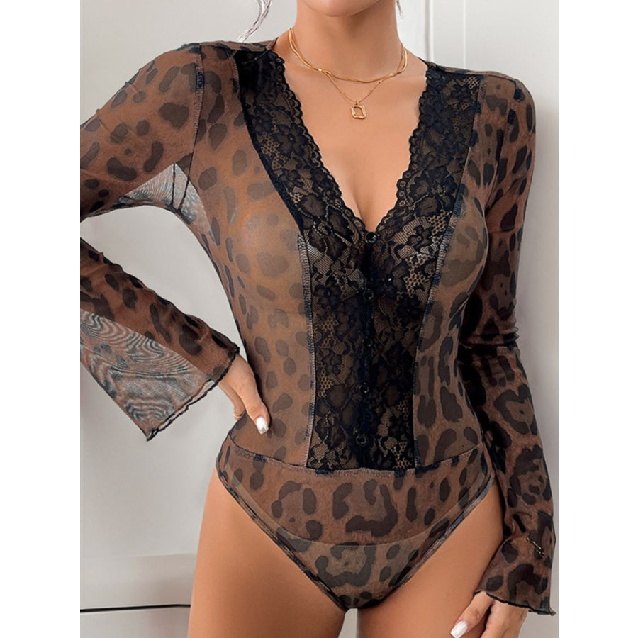 Perfee Leopard V-Neck Lace Bodysuit Apparel and Accessories