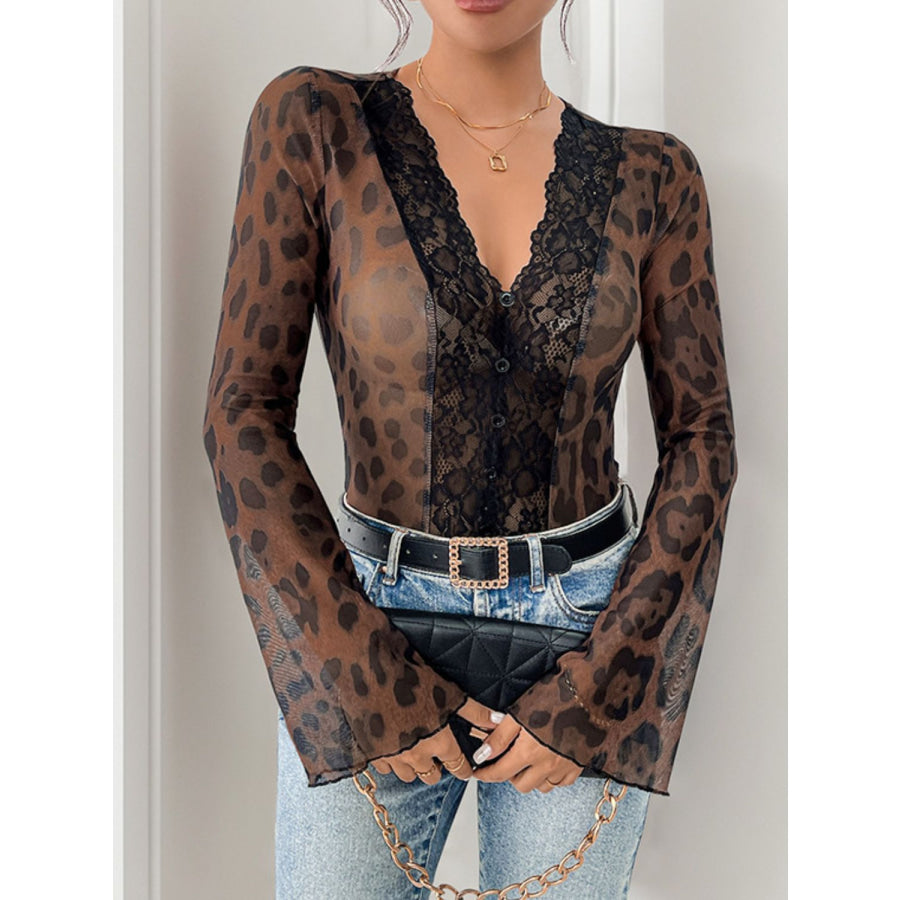 Perfee Leopard V-Neck Lace Bodysuit Brown / S Apparel and Accessories