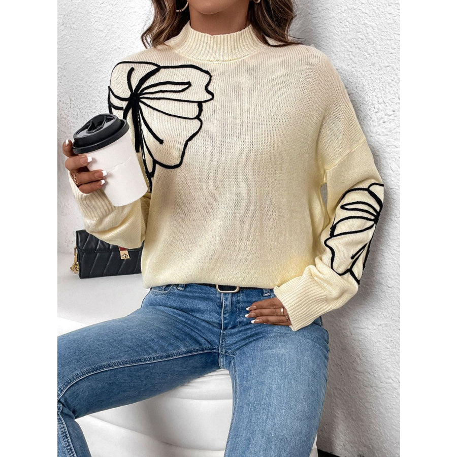 Perfee Mock Neck Dropped Shoulder Long Sleeve Sweater Apparel and Accessories