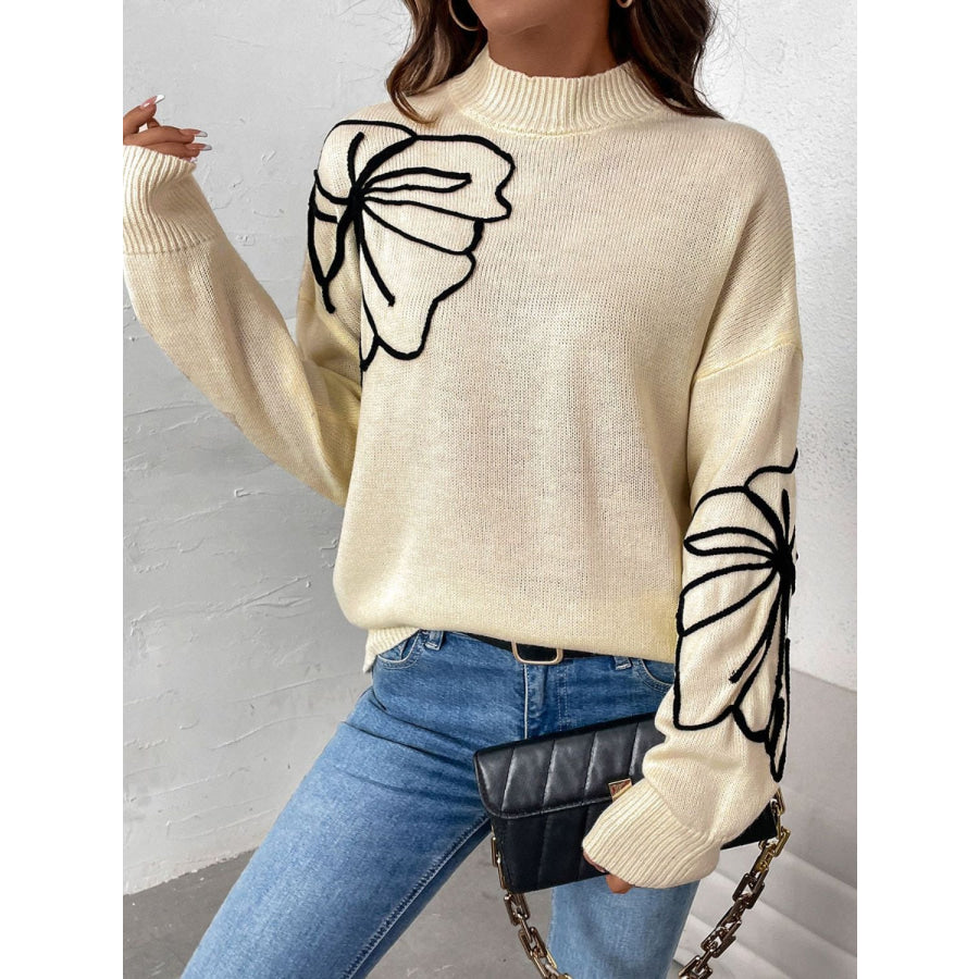 Perfee Mock Neck Dropped Shoulder Long Sleeve Sweater Apparel and Accessories