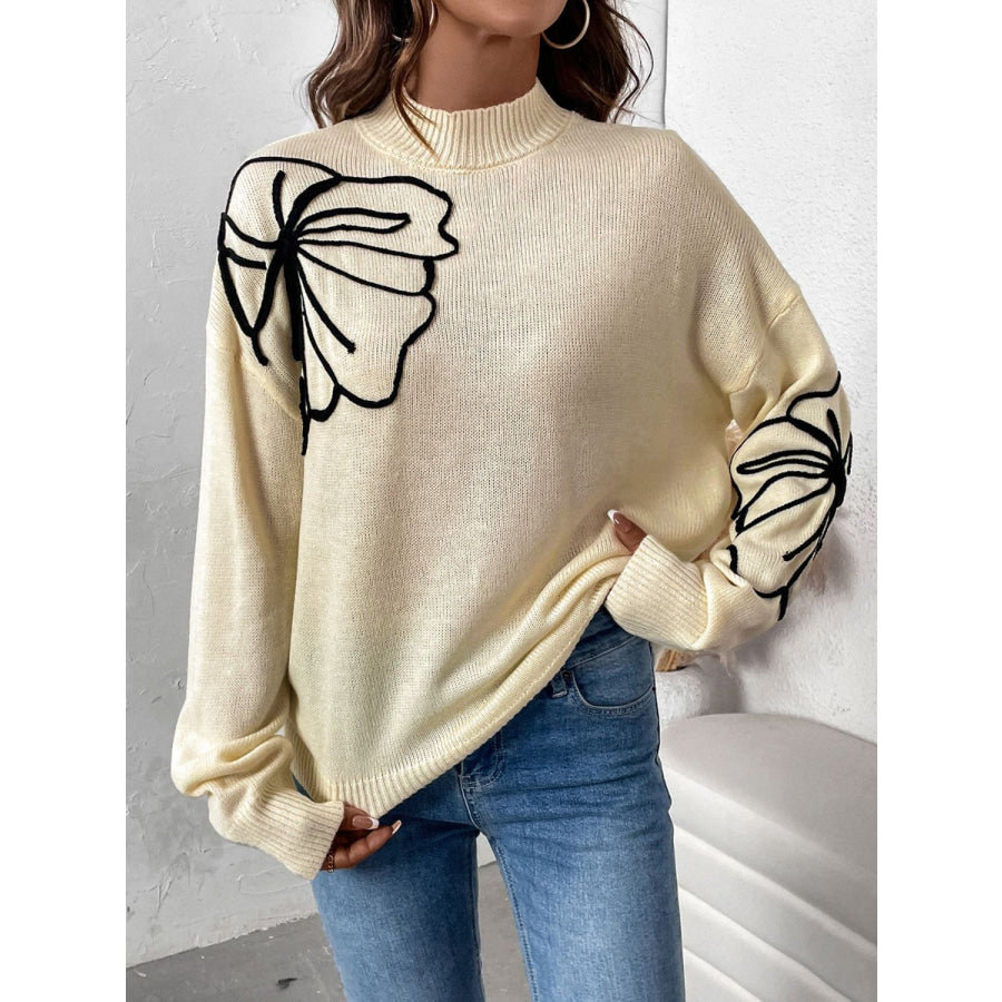 Perfee Mock Neck Dropped Shoulder Long Sleeve Sweater Apparel and Accessories