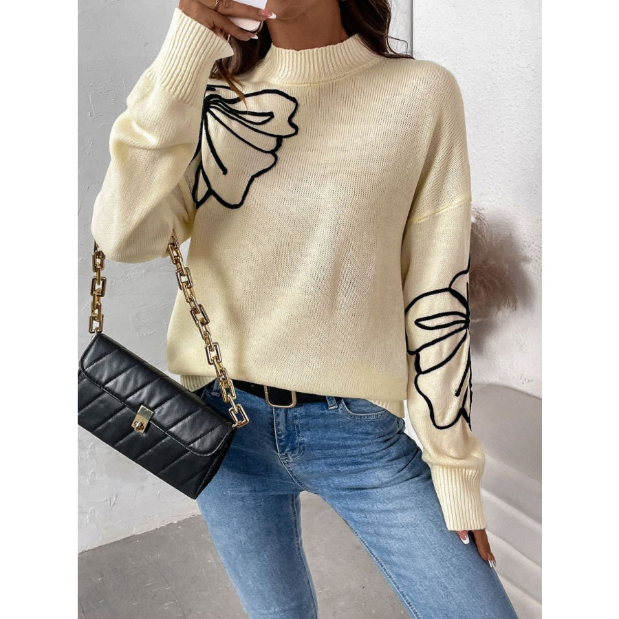 Perfee Mock Neck Dropped Shoulder Long Sleeve Sweater Apparel and Accessories