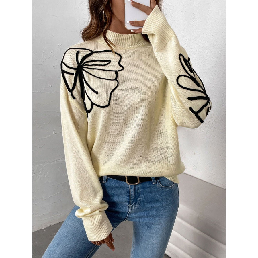 Perfee Mock Neck Dropped Shoulder Long Sleeve Sweater Pastel Yellow / S Apparel and Accessories