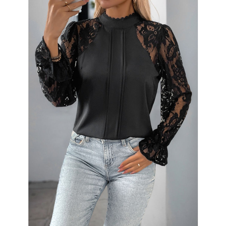 Perfee Mock Neck Lace Long Sleeve Blouse Apparel and Accessories