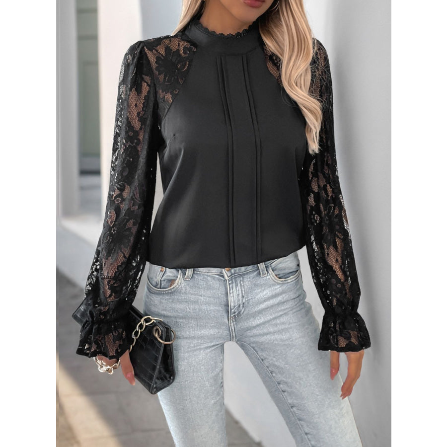 Perfee Mock Neck Lace Long Sleeve Blouse Apparel and Accessories