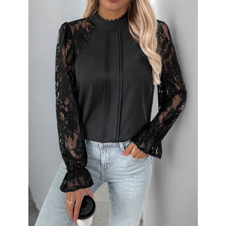 Perfee Mock Neck Lace Long Sleeve Blouse Apparel and Accessories